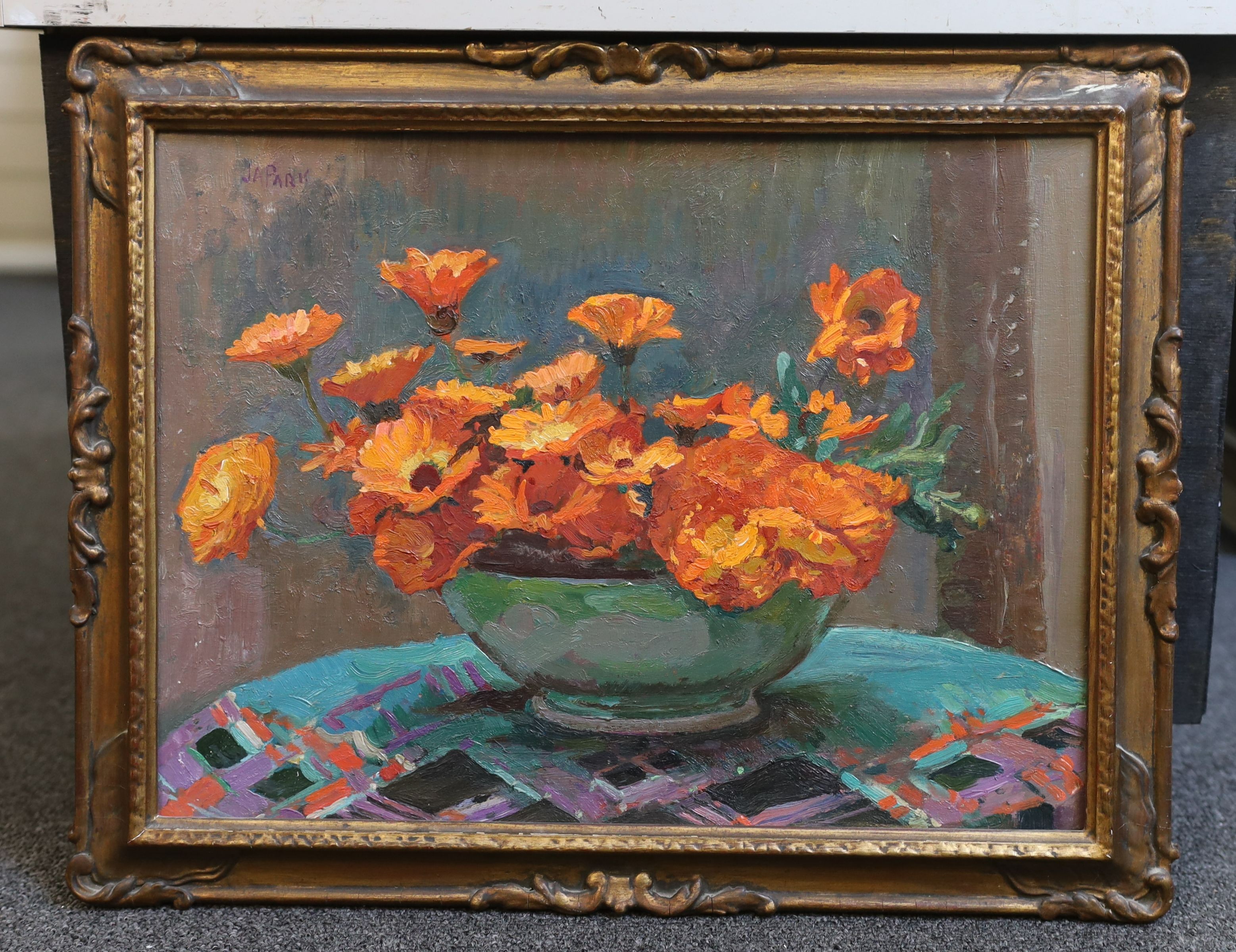 John Anthony Park (1878-1962), Still life of marigolds in a green bowl, oil on board, 29 x 39.5cm